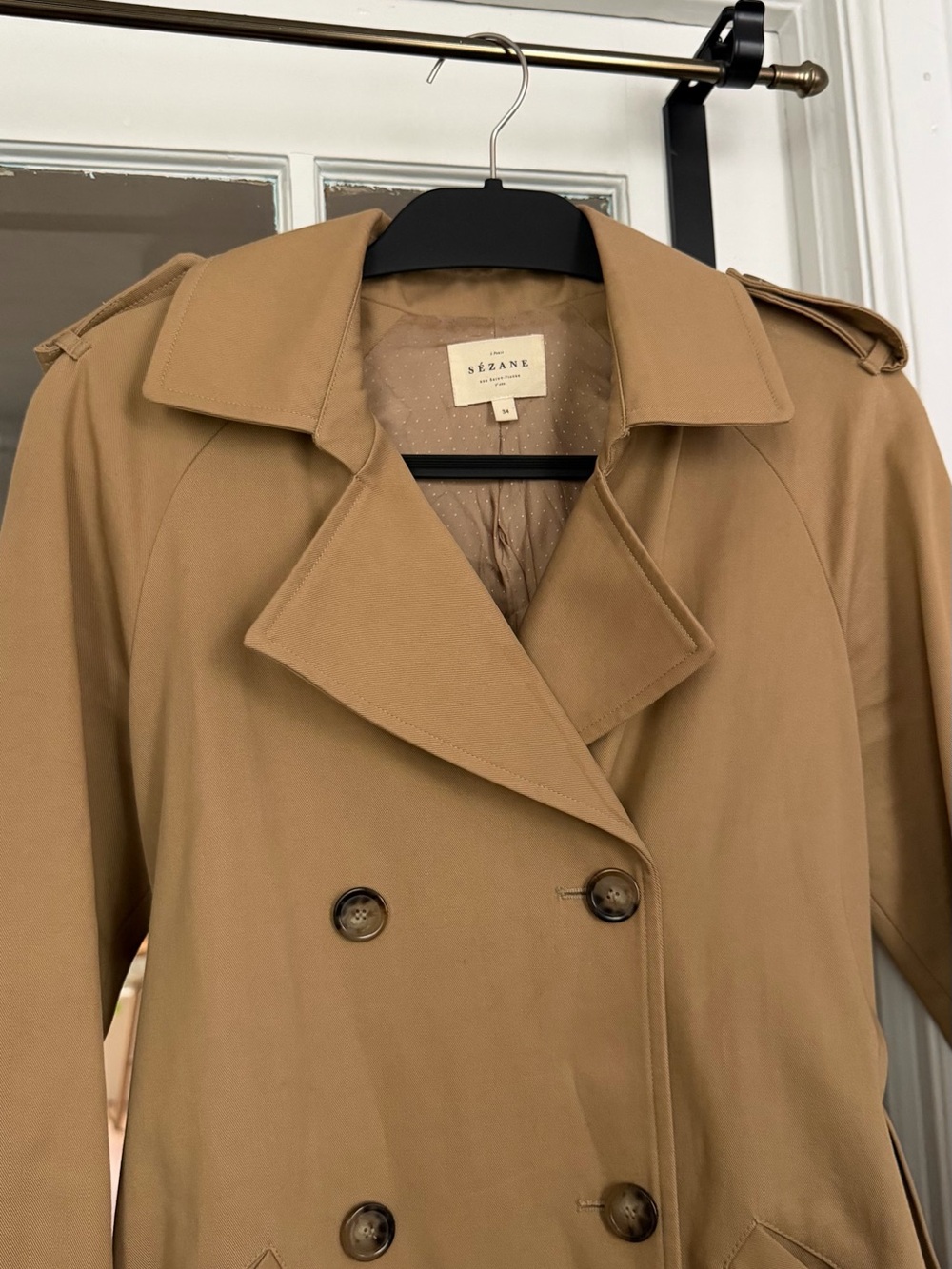 Sezane Camel Double-Breasted Trench Coat